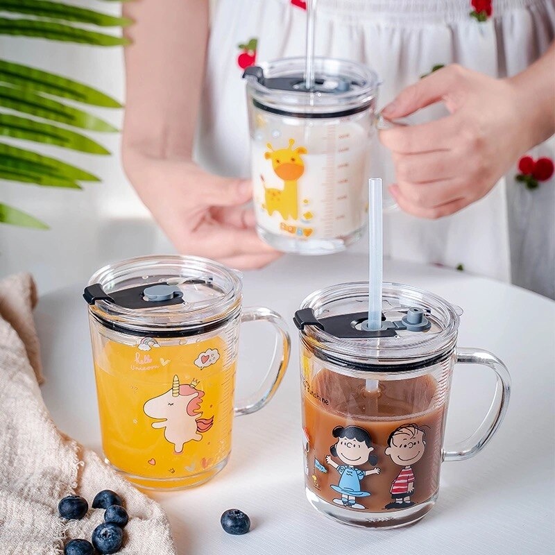 Mug Gelas Minum KACA Anak Motif Animal 350ML + Sedotan / Gelas Cangkir Kaca