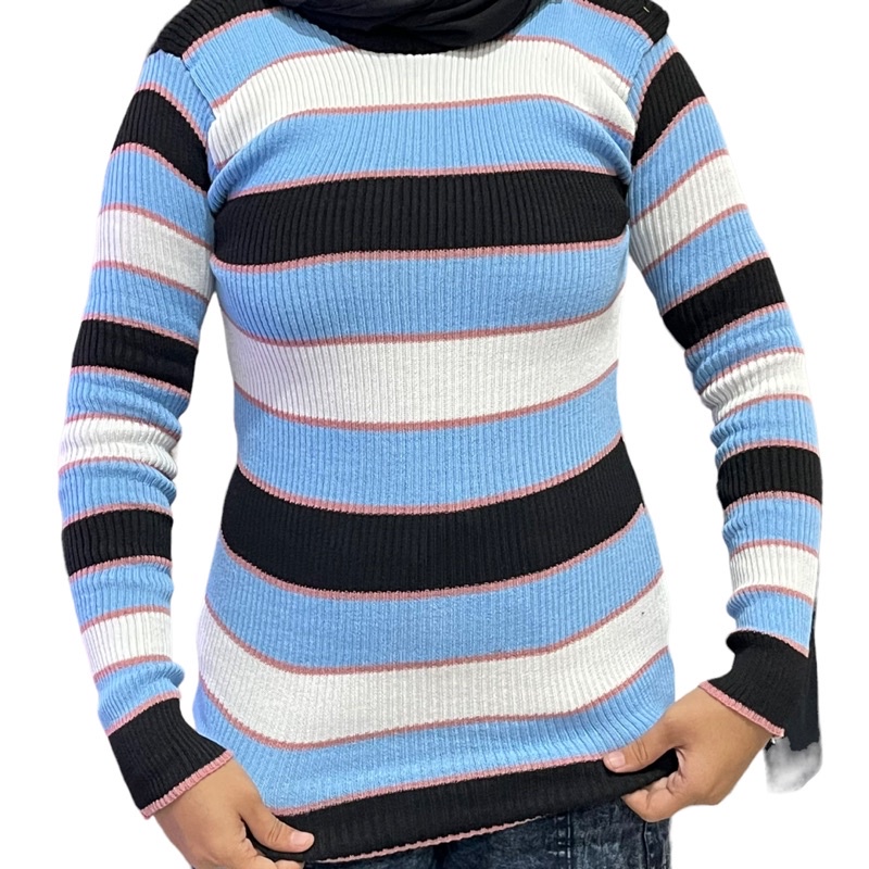 Baju Wanita - Baju Wanita Rajut - Baju Rajut Strip - Baju Rajut Wanita MOdel Strip - Adeline Stripe Blous Korea