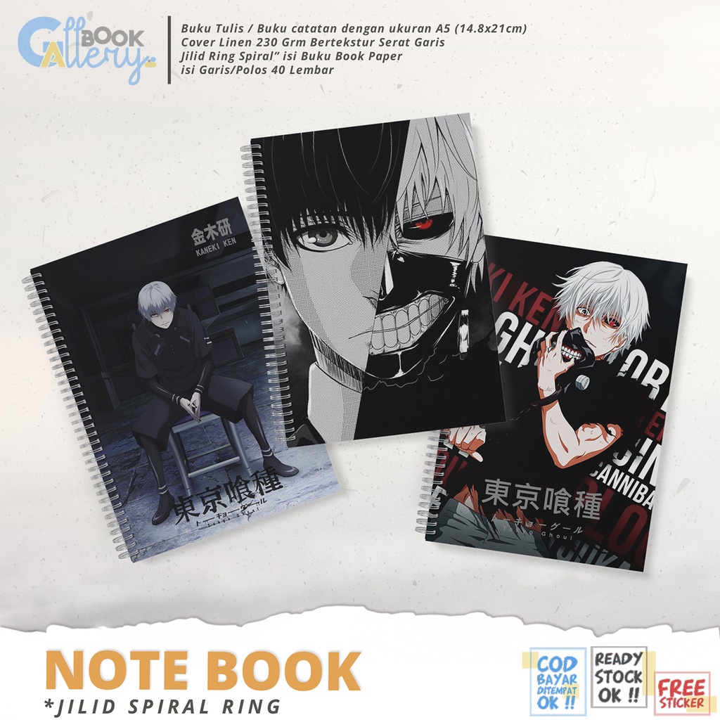 

[SP] Buku Tulis / Buku Catatan / Note book Anime Tokyo Ghoul, Kaneki KenJilid Ring Spiral Dengan isi Book Paper Garis/Polos 50 Lembar Free Poster dan Stiker Ukuran A5