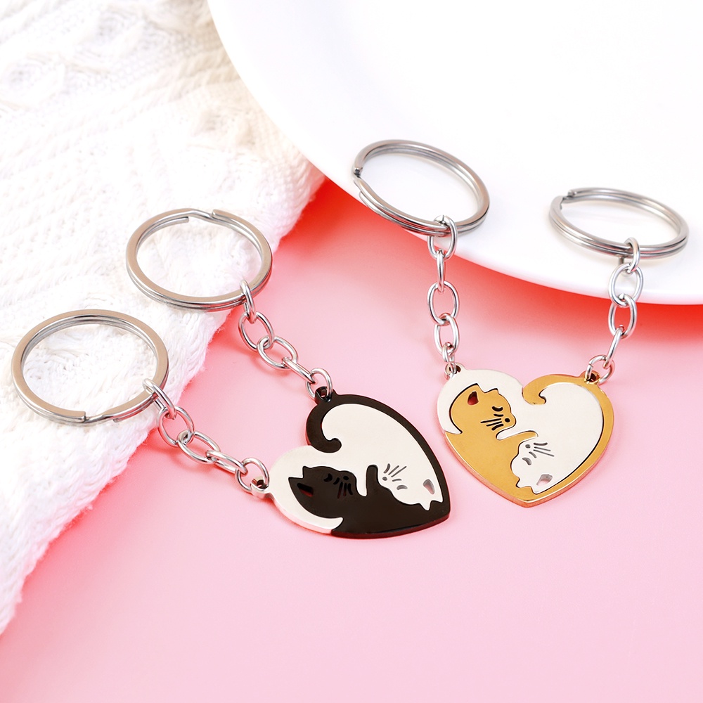 Gantungan Kunci Pasangan Pecinta Hati Bulat Lucu Berbentuk Kucing Keychain Dekorasi Liontin Wanita Gantungan Kunci Aksesoris Pria Stainless Steel Key Ring Untuk Mobil Keyring, Tas Kreatif