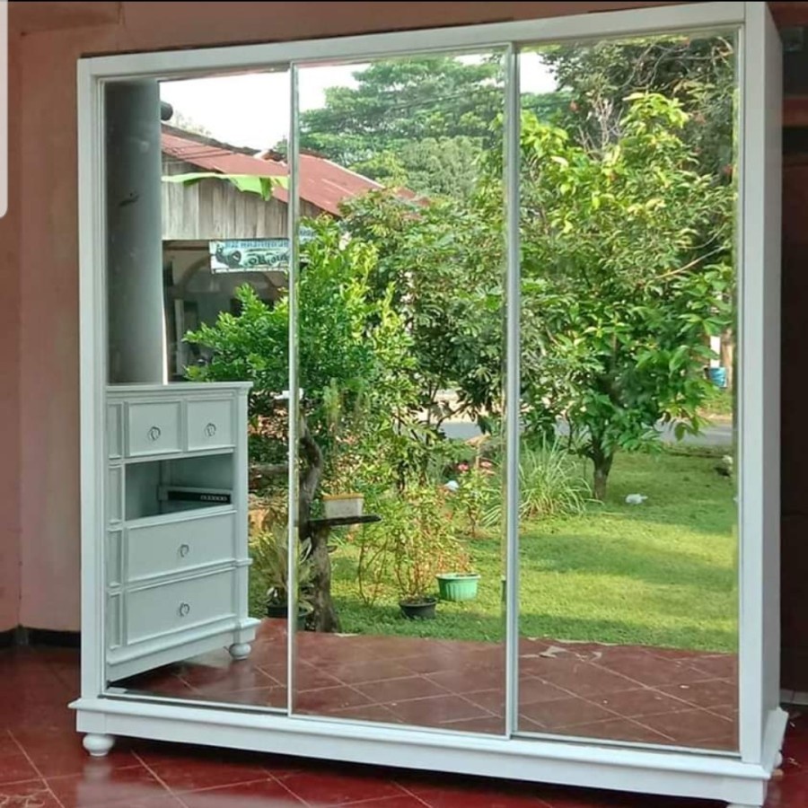 almari pakaian lemari kaca pintu sliding cat duco minimalis jati