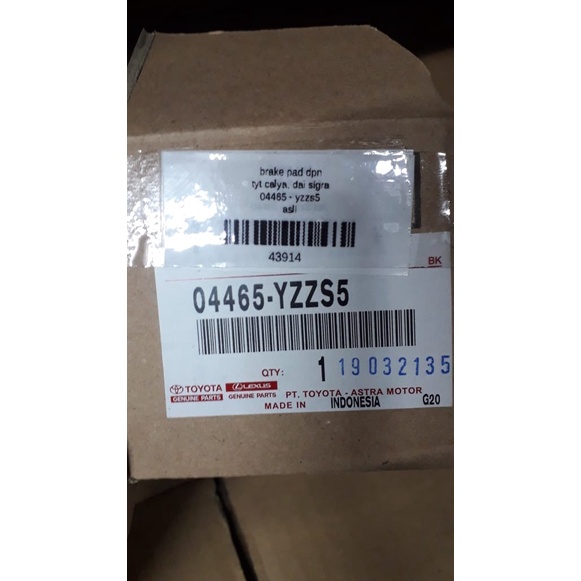 Brake Pad Toyota Calya Dpn 04465-YZZS5 Asli 43914