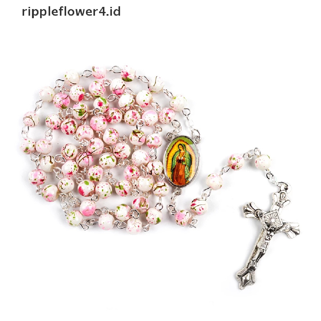 {rippleflower4.id} Rosario Katolik Ukuran Kecil Bulat Manik Kaca Biru Kalung Bunda Maria Yesus~