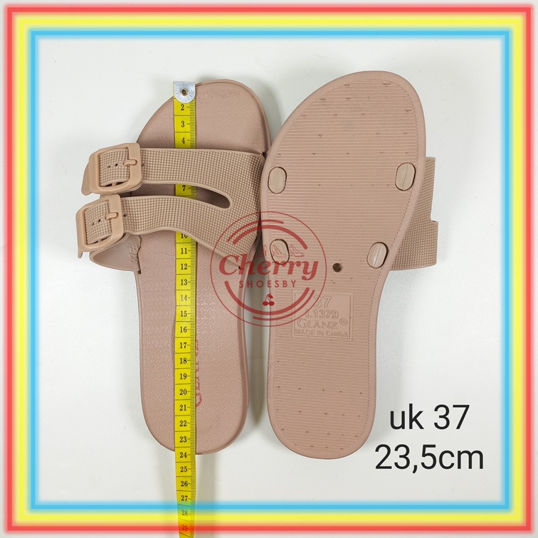 L1379-3 Sandal Selop Ban 2 Wanita Glanzton Sendal Slop Cewek Tali Gesper Karet Lentur Glanzton