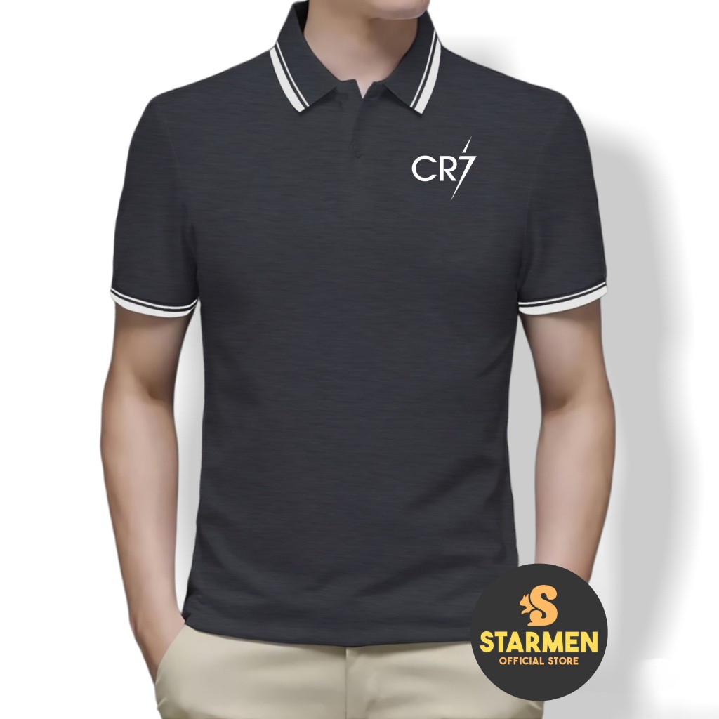 Kaos Polo Shirt Pria Kerah List Putih logo CR7