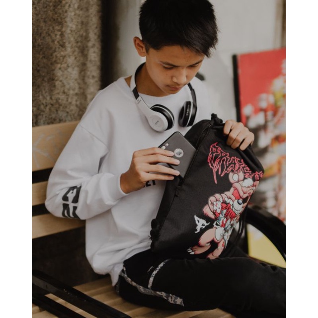 TAS SERUT Sekolah Kuliah Olahraga futsal - Tas serut kanvas Anti air - StringBag Kanvas hitam