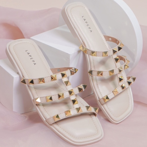 LAPEPA YUK - LAUREN Sandal Wanita Teplek Casual Size 36 - 40 Model Duri Sendal Slop Empuk Flat Cewek Kasual Rumahan Warna Cream Krem Selop Korean Style Santai Premium 37 38 39 Perempuan Kekinian Terbaru Shoes ORI Original Mall Official Store