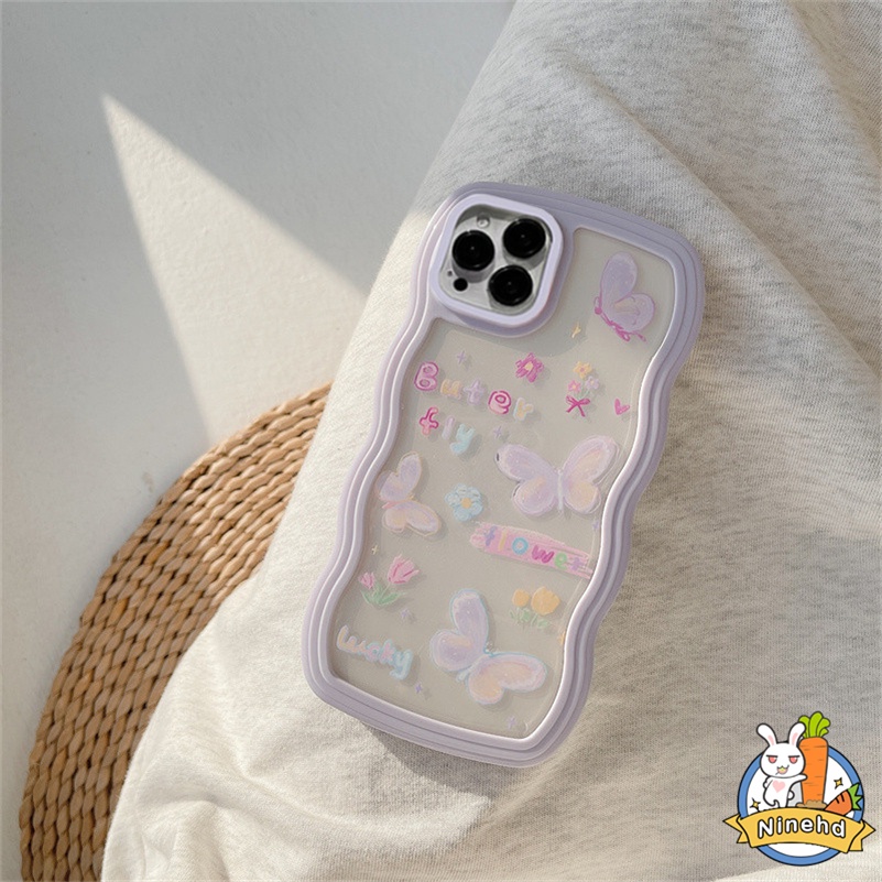 IPHONE Casing Kompatibel Untuk Iphone14 13 12 11 Pro Max X Xr Xs Max Iphone8 7 6 6s Plus Casing Ponsel Kupu-Kupu Ungu Populer Bingkai Bergelombang Silikon Bening Anti-Jatuh Soft Case Cover Pelindung