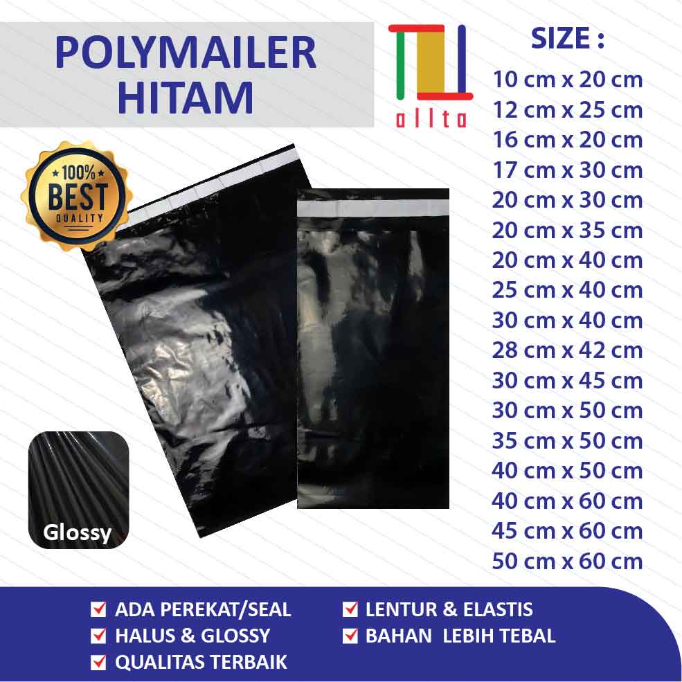 

PLASTIK PACKING OLSHOP PE POLYMAILER kantong kemasan, amplop plastik packing ukuran besar hitam, tahan air beragam macam ukuran mendukung customer-made GLOSSY mewah