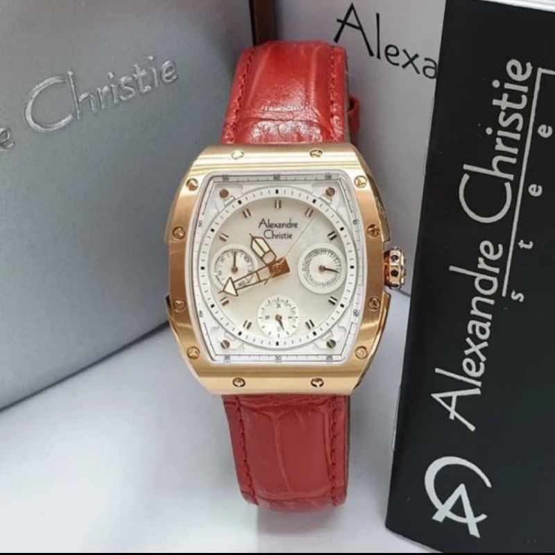 LIMITED RARE Jam Tangan Wanita Alexandre Christie AC 6411 BF AC6411 6411BF Red Rosegold Red Leather 