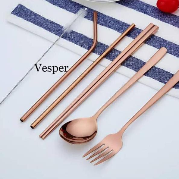 Murah Meriah Paket sendok garpu sumpit Korea dan sedotan stainless warna / sendok garpu warna / cutl