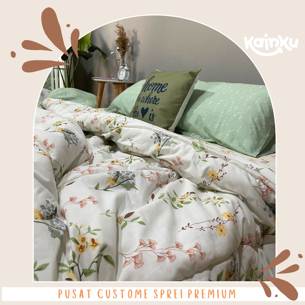 Sprei Anti Geser Katun | minimalis bunga daun leaf hijau | ukuran 90 100 180x200