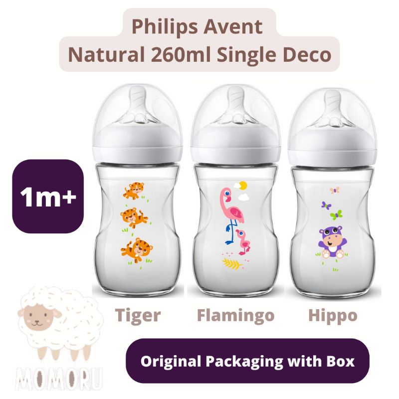 Philips Avent Natural Bottle 260ml Wide Neck Single Tiger Flamingo Hippo Botol Susu Philips Avent