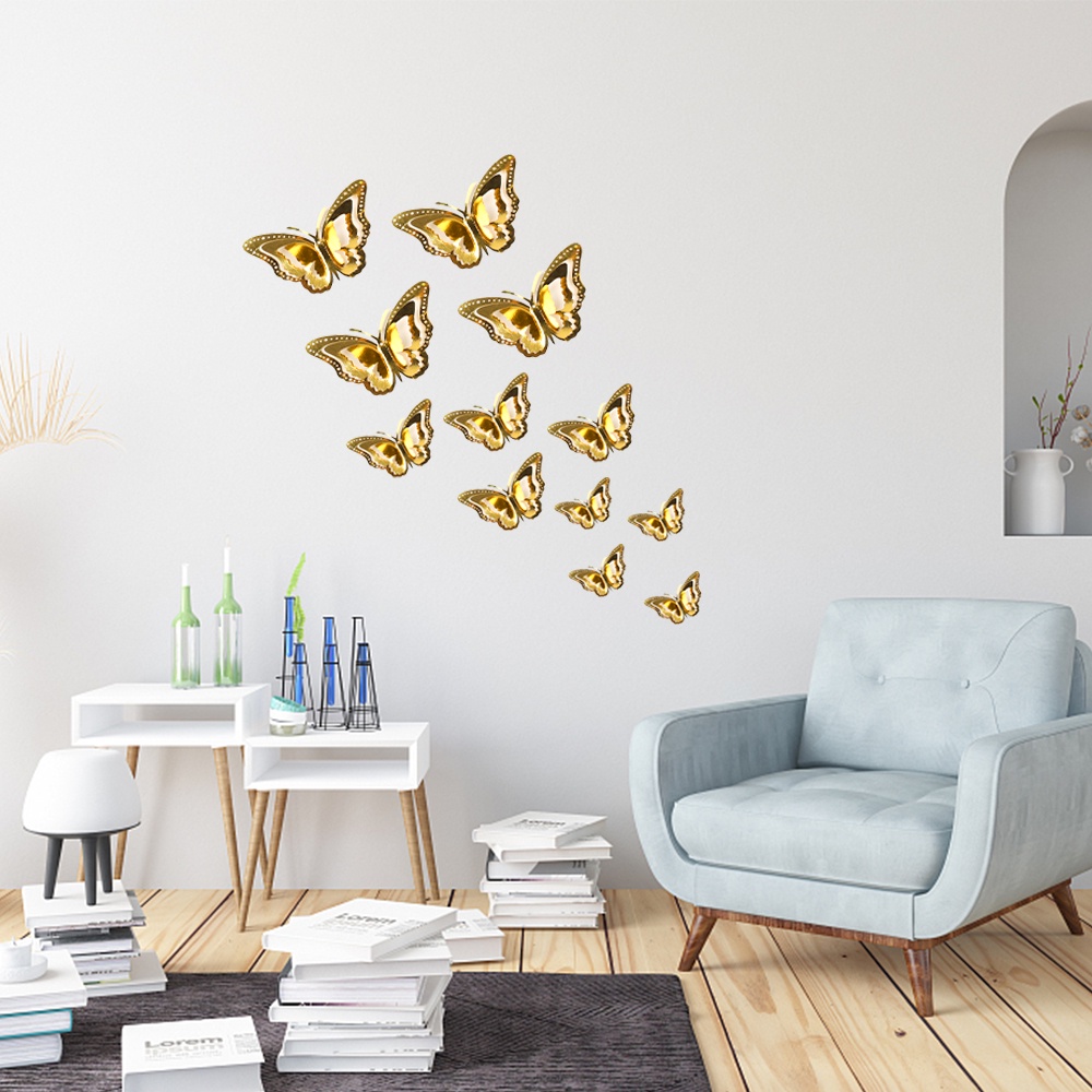 12pcs 3-Layer Hollow Butterfly Stiker Glittering Art DIY Decals Halus Dekorasi Kertas Kupu-Kupu 3D Gradien Kupu-Kupu Wallpaper Untuk Jendela Kamar Kulkas Pesta