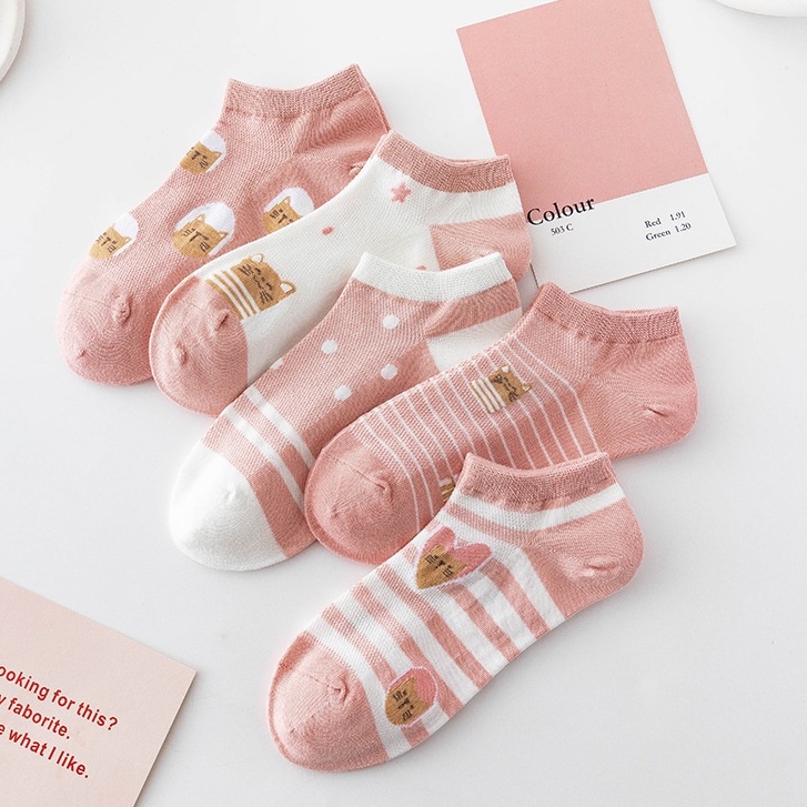 IL - KAOS KAKI PENDEK WANITA LUCU SEMATA KAKI KOREA WARNA SOFT PASTEL PUTIH PINK MUDA PEACH CORAL MOTIF HEWAN KUCING SC46