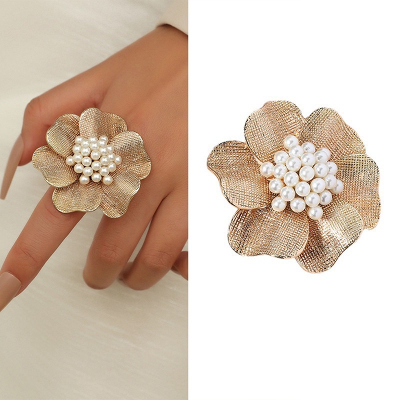 Pesona Kreatif Logam Mutiara Bunga Cincin Dapat Disesuaikan Untuk Wanita Temperamen Elegan Berlebihan Perhiasan Retro Aksesoris Estetik