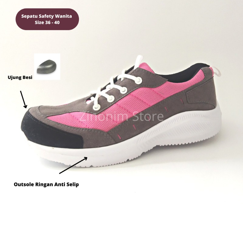 Zinonim Store Safety Shoes Wanita Sporty Abu Pink