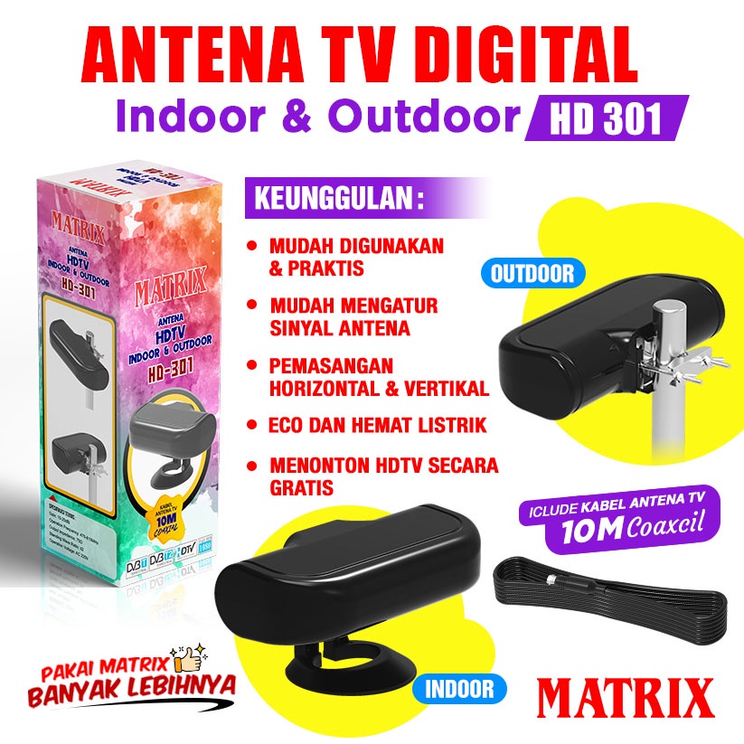 ANTENA TV DIGITAL MATRIX + BOOSTER HD 301 INDOOR OUTDOOR FREE KABEL MURAH BERKUALITAS