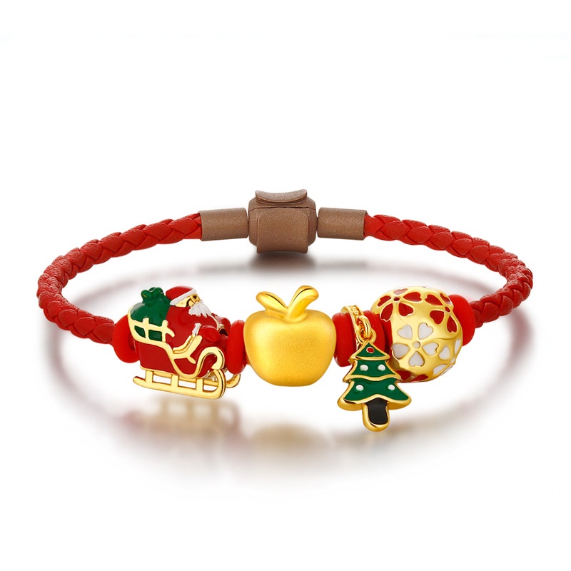Goldkingdom Perhiasan Fashion Emas Asli Kadar 375Bangkok Aksesoris Ready Stock Berlapis Emas Gelang Apel Natal Hawa 3D Pohon Natal Sleigh Transfer Hadiah Manik-Manik
