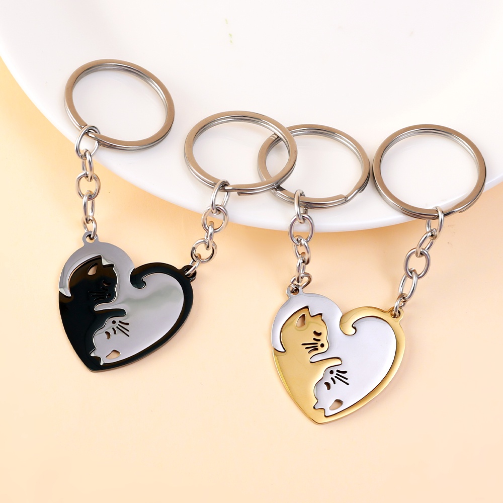 Gantungan Kunci Pasangan Pecinta Hati Bulat Lucu Berbentuk Kucing Keychain Dekorasi Liontin Wanita Gantungan Kunci Aksesoris Pria Stainless Steel Key Ring Untuk Mobil Keyring, Tas Kreatif