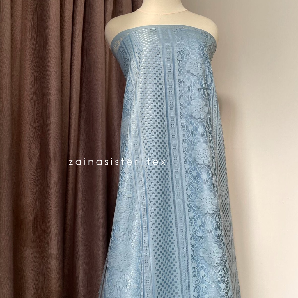 Bahan Kain Brukat brokat Lace Salur Vintage Royal Warna Biru Muda Pastel Blue