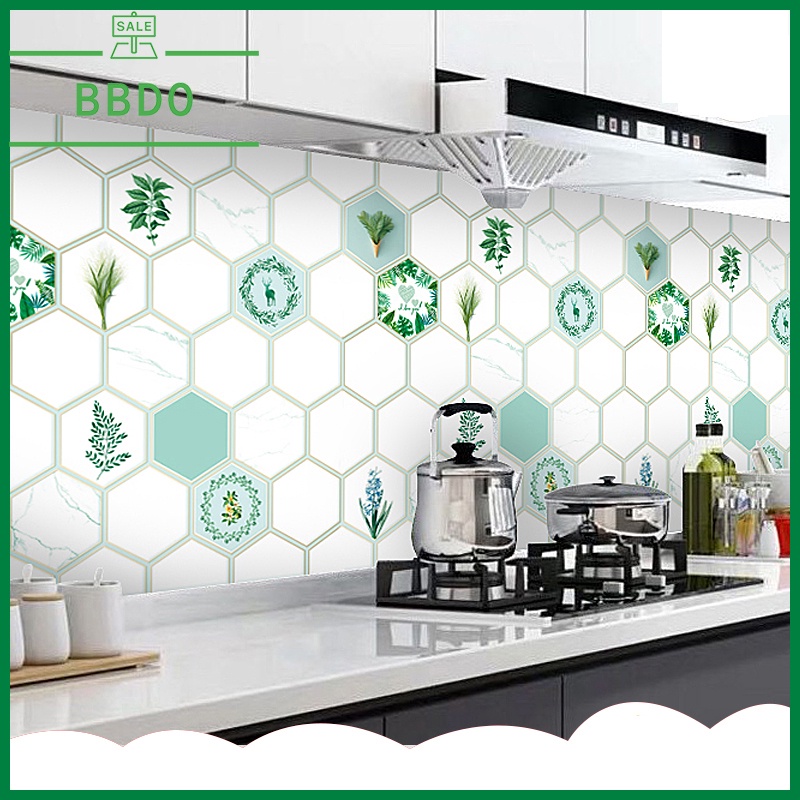 wallpaper dapur anti minyak dan panas 60 cm * 6 meter stiker dinding motif segi lima dn daun2 hijau di dalam stiker dapur