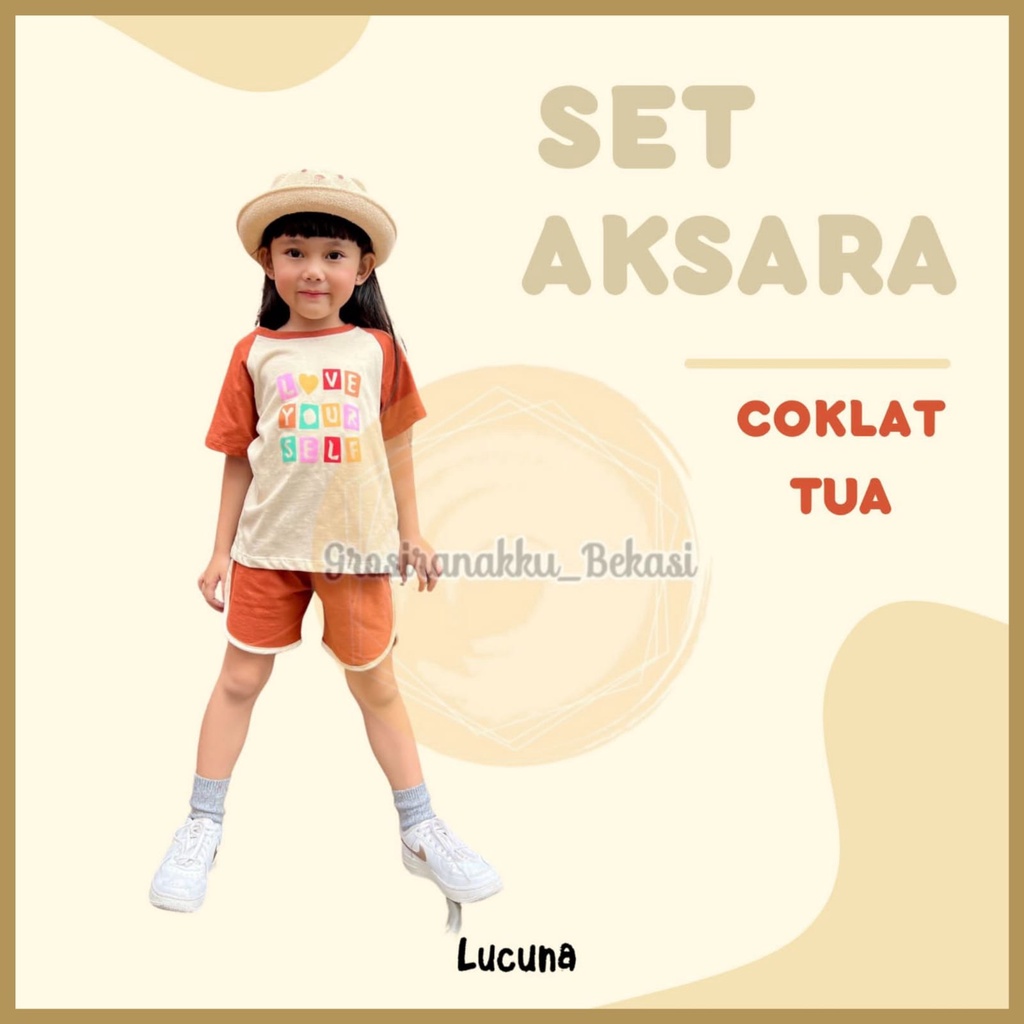 Setelan Anak Cewek Aksara Lucuna Warna Coklat Tua Size 1-5 THN