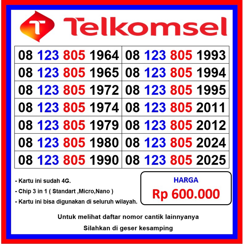 nomor cantik simpati BOS tahun lahir Nomer kartu perdana telkomsel super 805 tahun no cantik AS 805 seri tahun 1964 1965 1972 1974 1979 1980 1990 1993 1994 1995 2010 2011 2012 2024 2025 non Hallo 10 11 12 digit bisa COD bebas pilih terbaik best