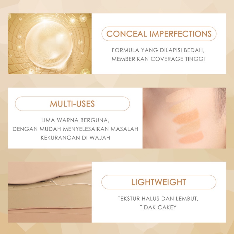 Focallure 5 in 1 Concealer Palette High Coverage Lightweight Matte Powder-Light Concealer Liquid Foundation #Golde Light