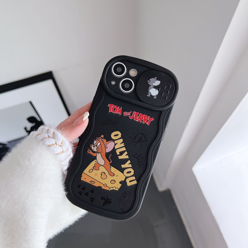 Couple Tom And Jerry Doll Push The Window Cover Soft Case iP iPhone 11 12 13 14 Pro Max + Plus Black Wavy Casing Apple