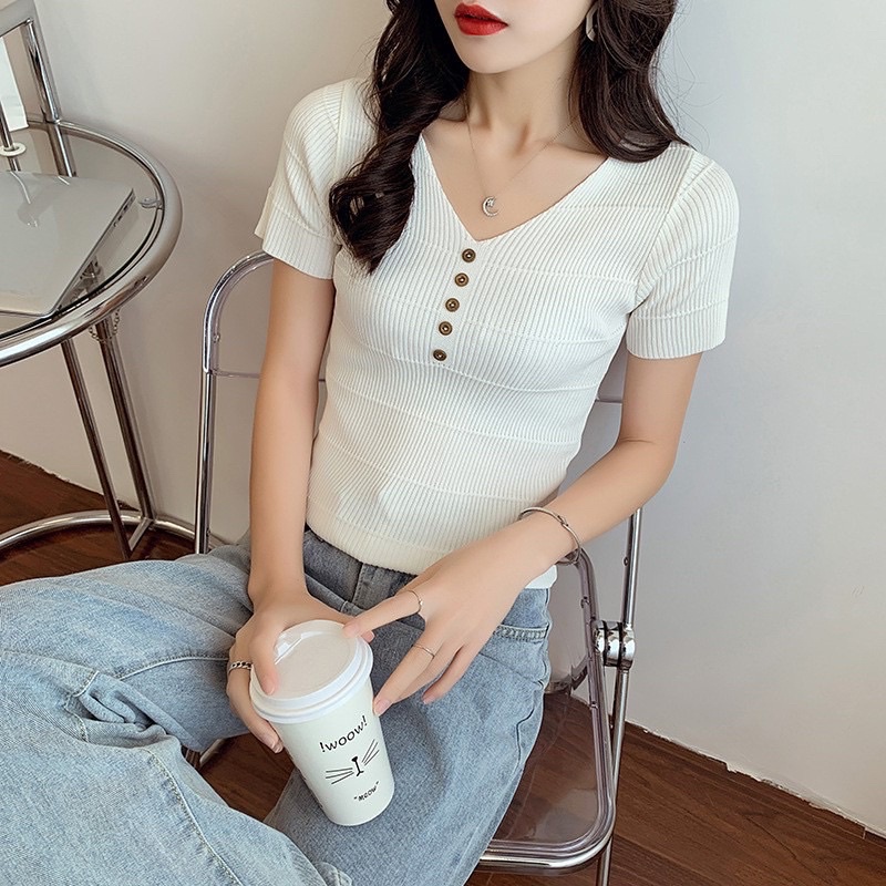 Korean T-Shirt Button Atasan Wanita Rajut Premium