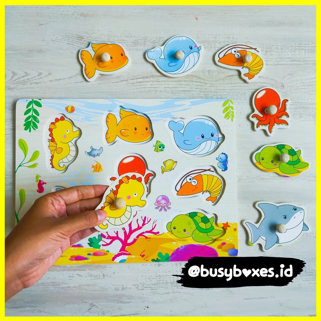 Busyboxes.id Mainan anak edukasi anak 1 2 3 tahun laki laki perempuan mainan edukasi Montessori puzzle jigsaw 3d kayu hewan binatang seri - octopus