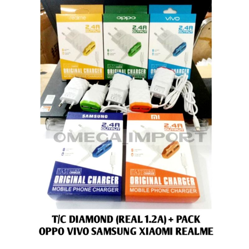 (OM) Tc/Travel Charger Diamond Real 1.2A + 2 USB Packing Dust Kwalitas Mantap