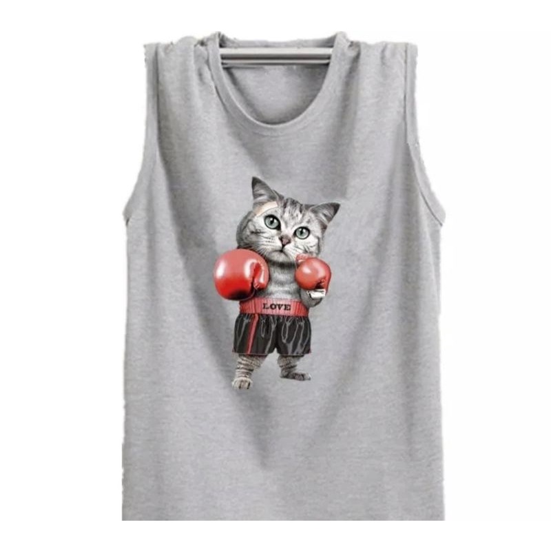 SINGLET GAMBAR KUCING TINJU/SINGLET PRIA/BAJU TANPA LENGAN/KAOS OBLONG