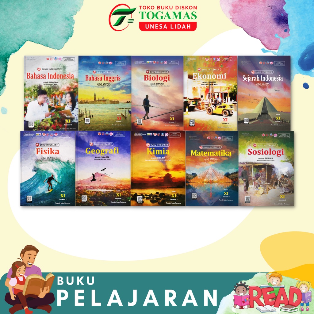 BUKU INTERAKTIF: PR BAHASA INDONESIA / BAHASA INGGRIS / MATEMATIKA / SEJARAH MATA PELAJARAN WAJIB / BIOLOGI / EKONOMI / FISIKA / GEOGRAFI /  KIMIA / SOSIOLOGI PEMINATAN SMA XI SMT 2