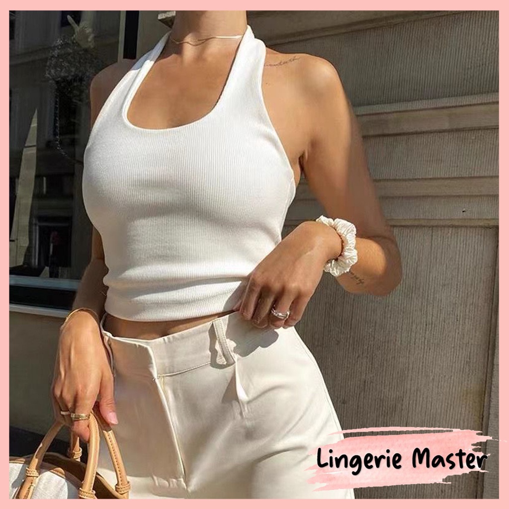 Tank Top Wanita Tanpa Lengan U-Neck Halter Warna Putih