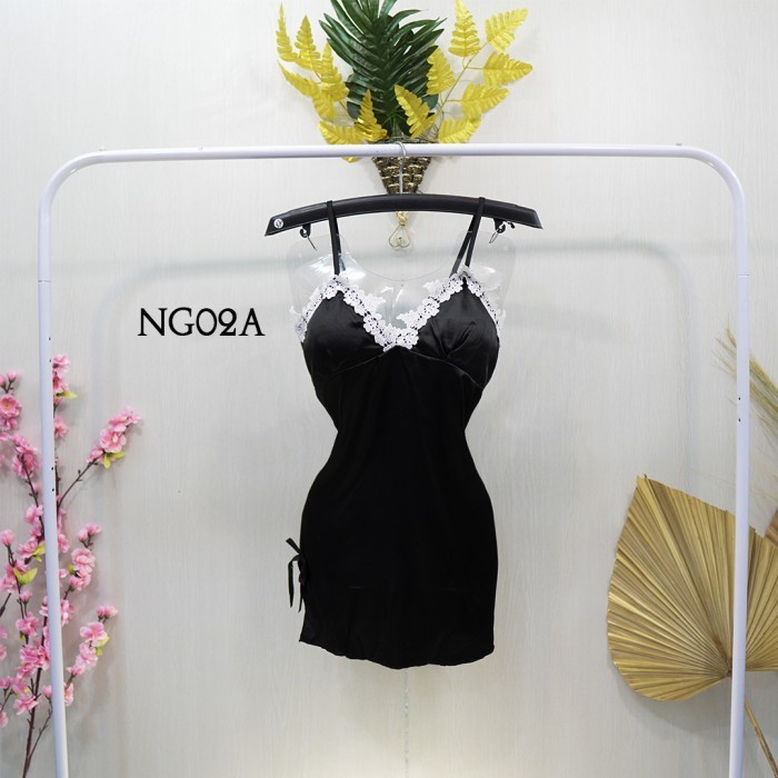 SLEEP DRESS DASTER TIDUR SEXY LINGERIE NIGHT GOWN SATIN HITAM NG02A IMPORT