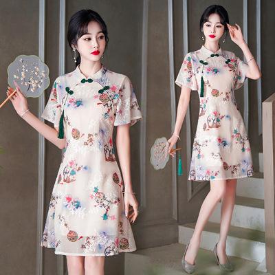 Cheongsam Hanfu Modern BB 83 KG Bunga Dress Gaun Lengan Pendek Retro