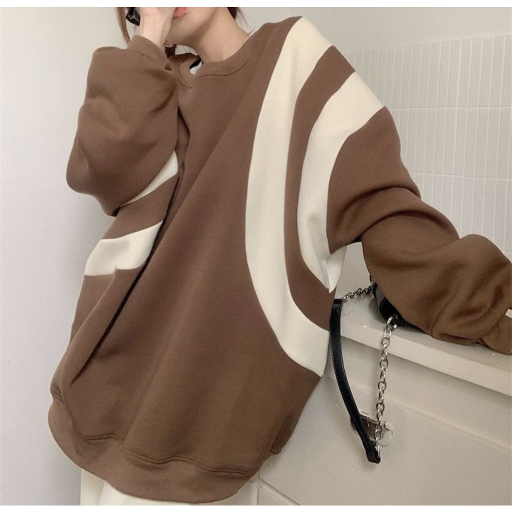 Sweater Wanita Crewneck LINE STRIP Oblong Atasan Blouse Oversize Fashion Korean Outfit Kasual Santai