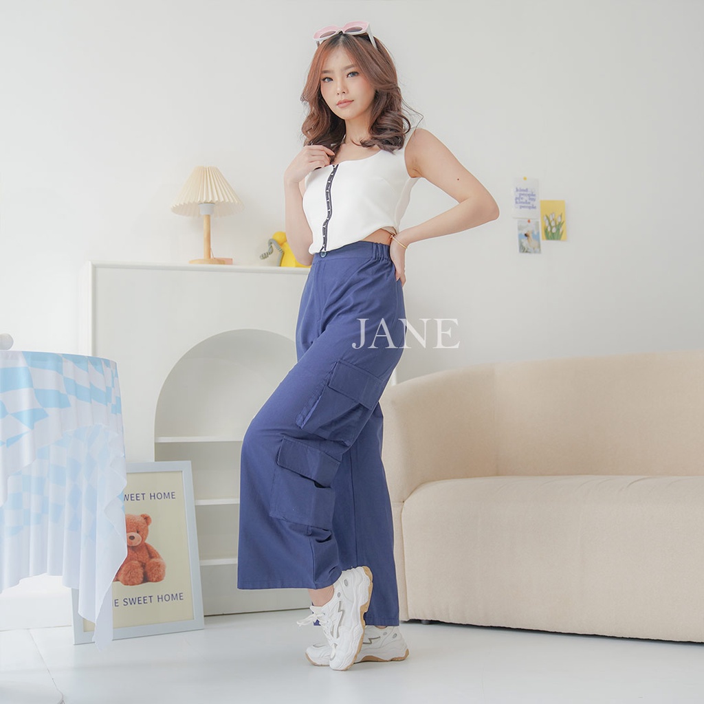 JANE COLLECTION || Celana Panjang Kain Hitam Perempuan Kulot Katun Kantong Pinggang Karet Cewek Coklat Celana Kargo Pocket Liana