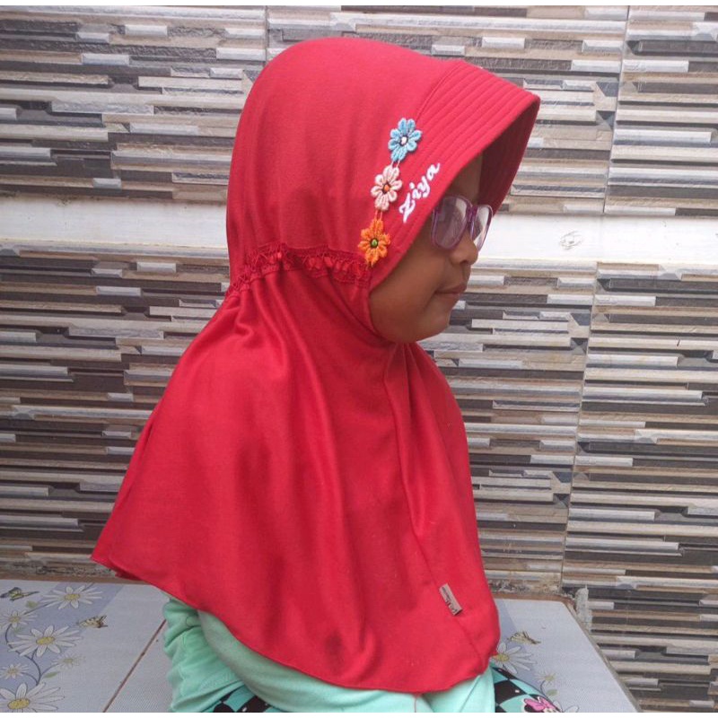 Jilbab Kerudung Anak Motif Bunga Costum Bordir Nama Hijab Instan Anak Tk Sd