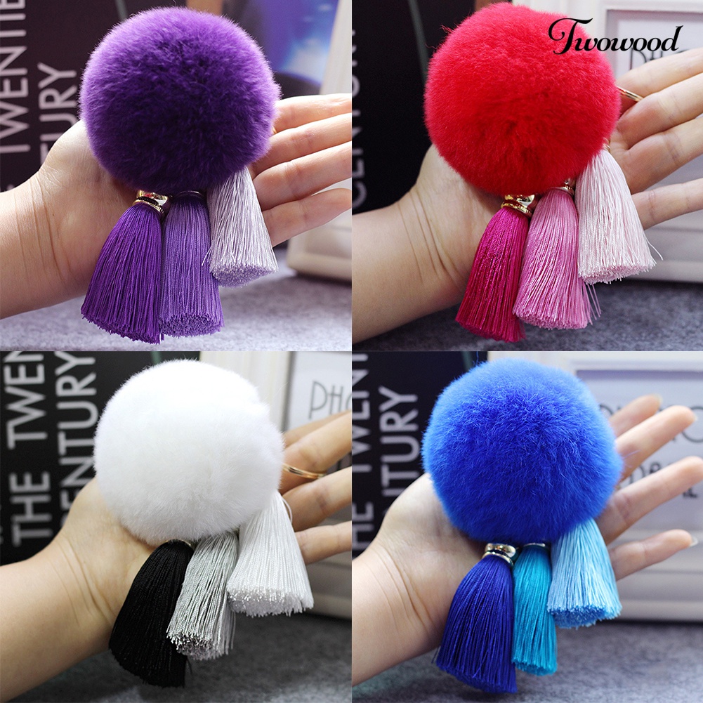 Twowood Soft Pom Pom Faux Fur Keychain Fluffy Ball Bag Gantungan Kunci Mobil Rumbai Liontin Dekorasi