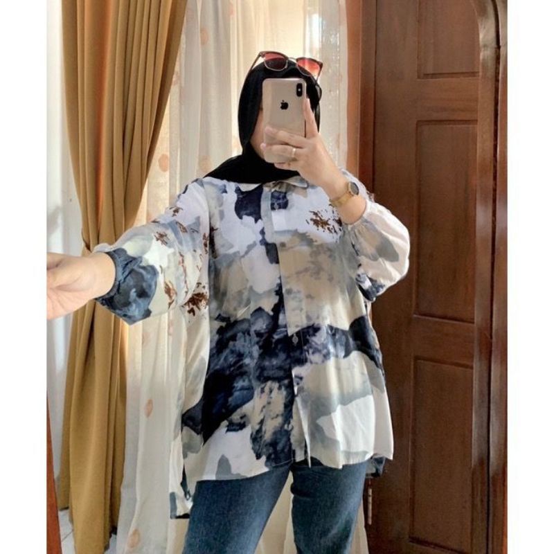 Kemeja Oversize Motif Rayon blouse jumbo full kancing atasan wanita terbaru