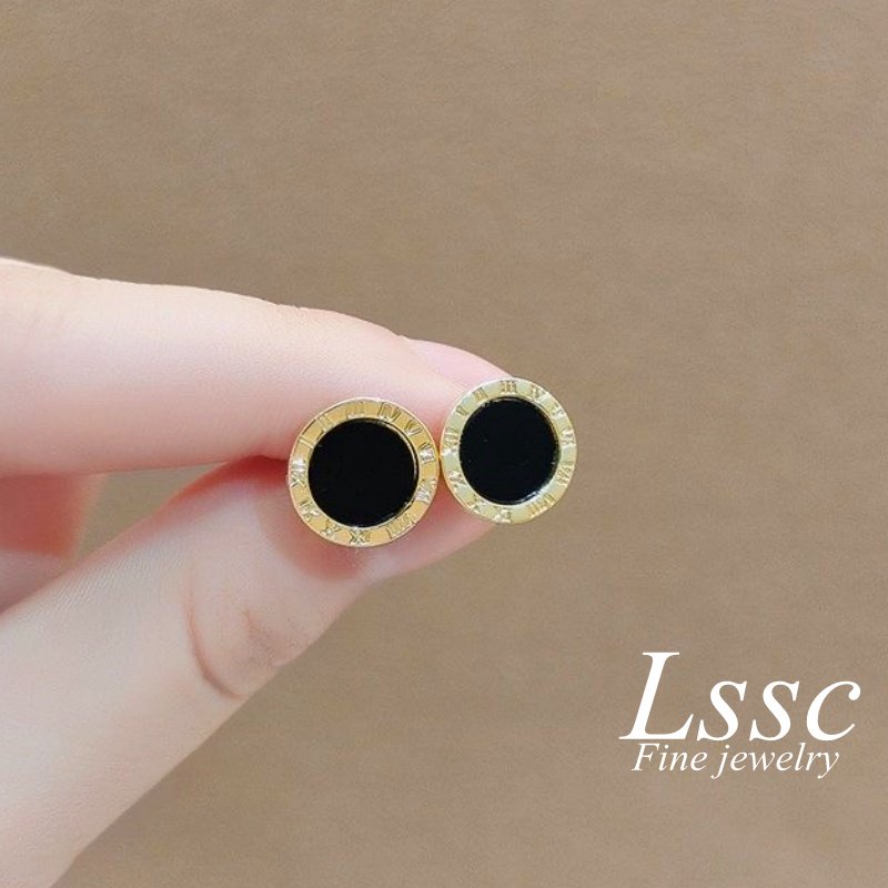 Anting Tusuk Titanium Romawi Bulat Hitam Anti Karat Emas 18K Perhiasan Wanita Fashion Korea