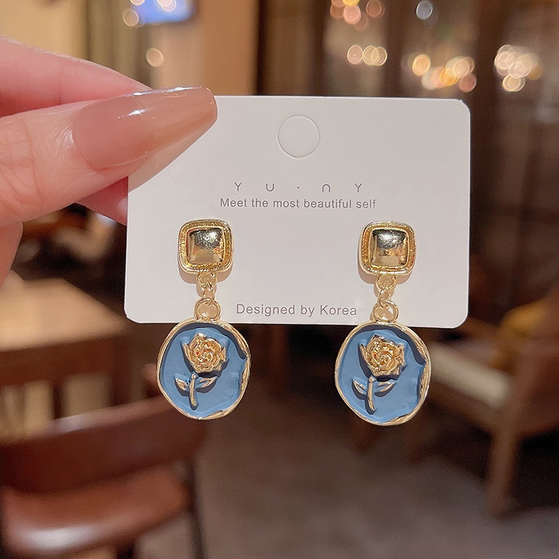 925jarum Perak Jarum Perancis Retro Biru Mawar Anting-Anting Perempuan Fashion Wanita Earrings