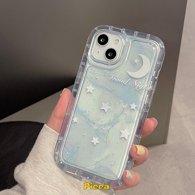 IPHONE Fantasi Tinta Lukisan Langit Berbintang Bintang Bulan Airbag Phone Case Kompatibel Untuk Iphone11 14 13 12 Pro MAX XR 78 6 6S Plus X XS MAX Bening Lembut TPU Shockproof Back Cover