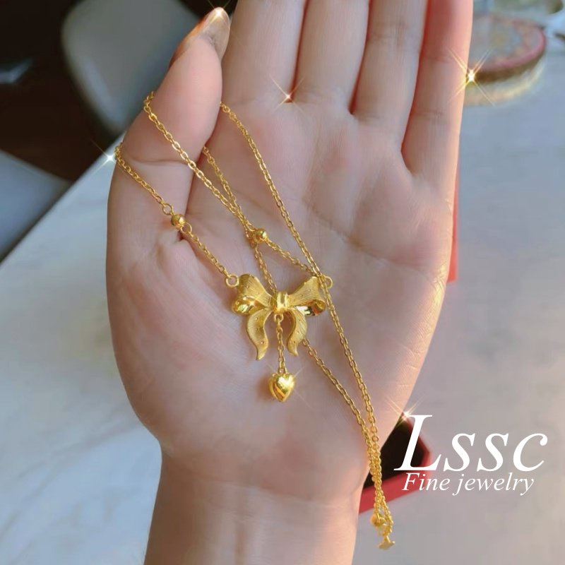 Kalung Titanium Anti Karat Pita Lucu Cantik Emas 18K Aksesoris Wanita Fashion Korea