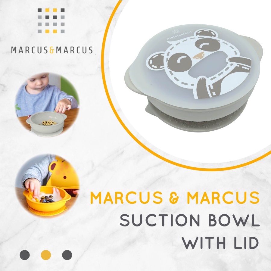 Marcus &amp; Marcus M&amp;M Silicone Suction Bowl With Lid Gray Panda - Mangkok makan anak bayi silikon dengan tutup