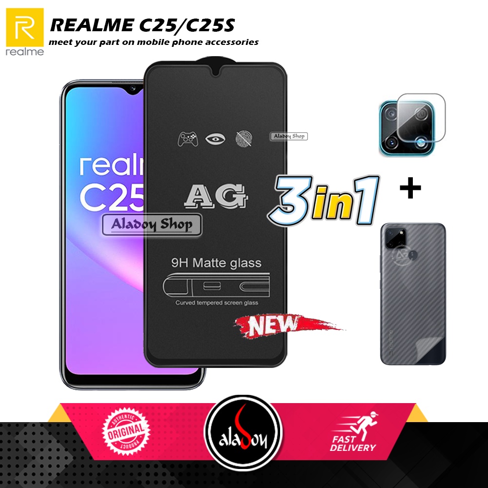 Paket 3IN1 Tempered Glass Layar Matte Anti Glare Realme C25/C25S Free Tempered Glass Camera dan Skin Carbon