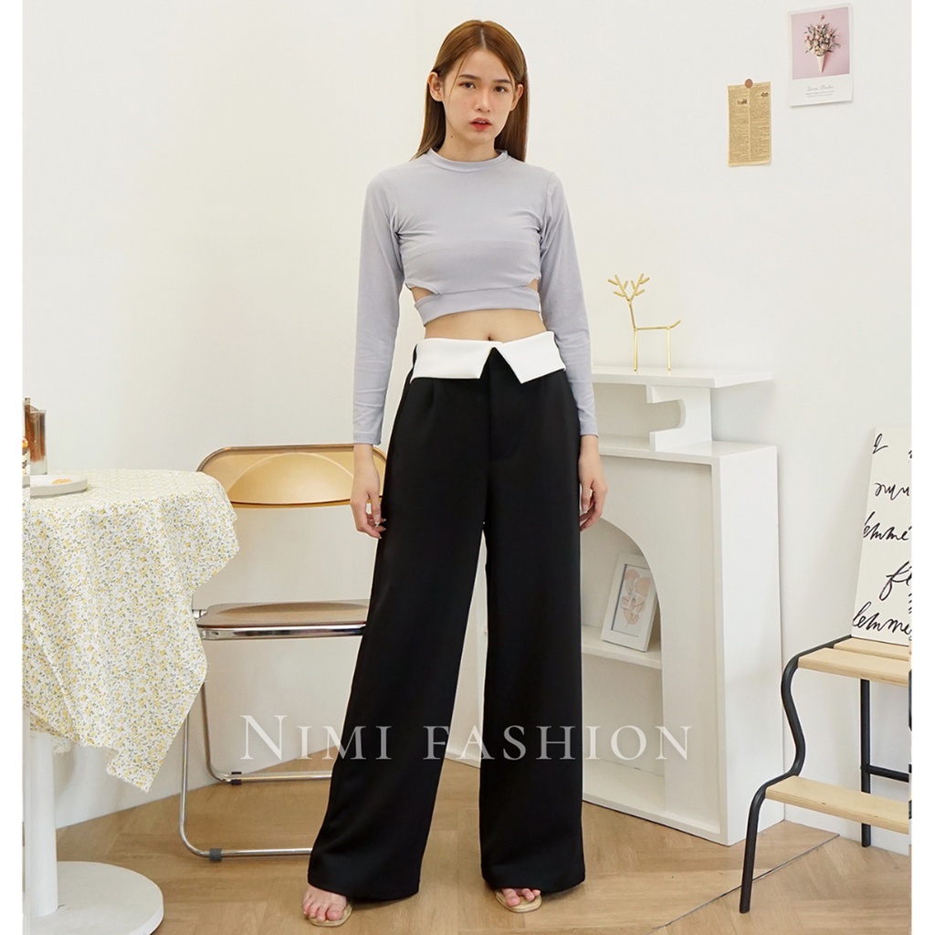 NIMI - Black Pink Celana Kulot Scuba Highwaist Premium Wide Leg Scuba Culottes